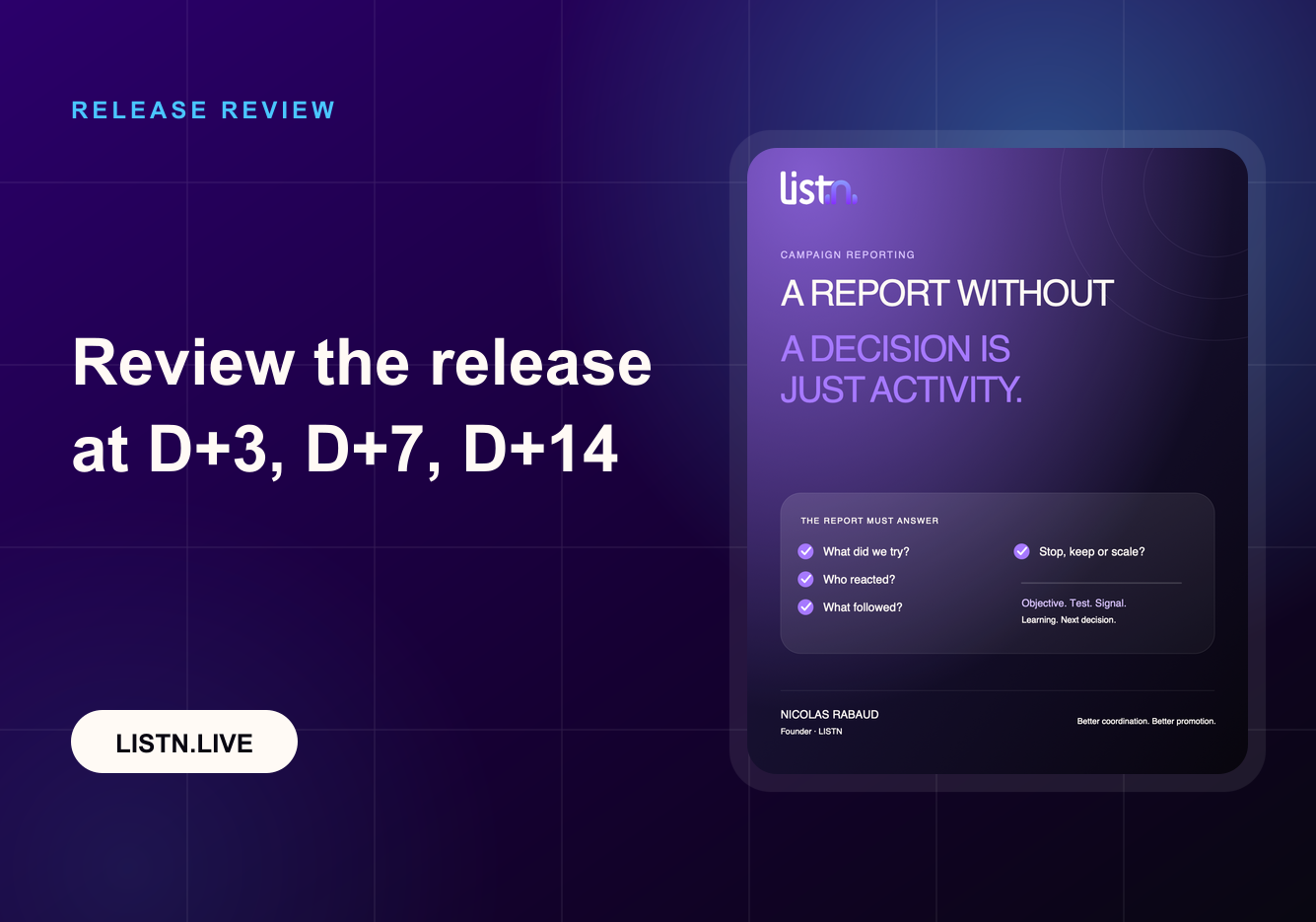 Post-Release Music Campaign Review: D+3, D+7 and D+14 Framework — LISTN practical guide