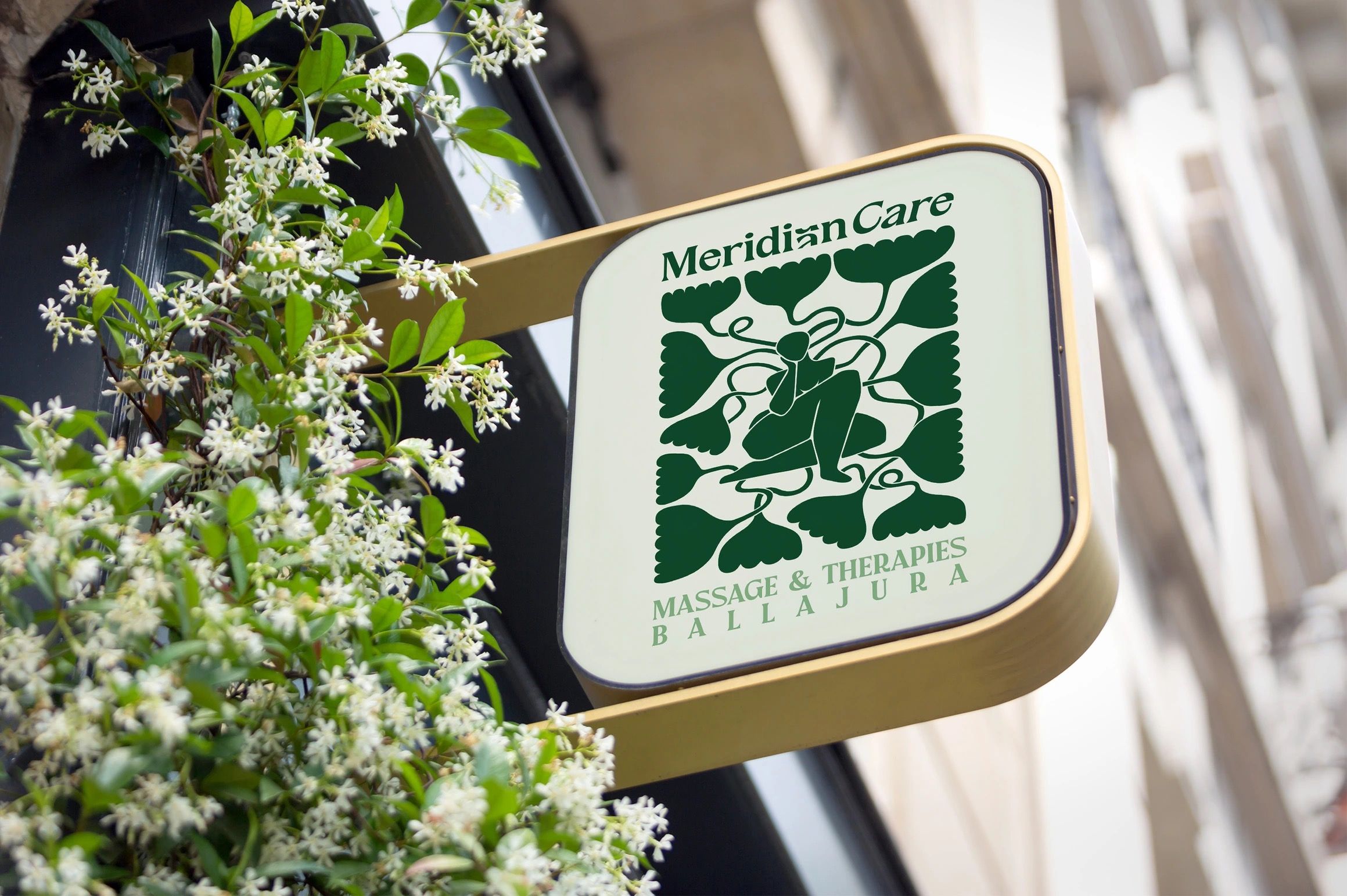 Meridian Care round hanging sign among blossoms