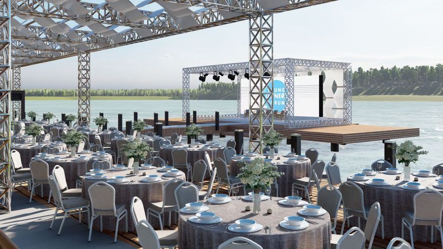 Waterfront reception design for a destination wedding — round tables and a covered dining terrace over the water, BACKSTAGE Event design visualisation