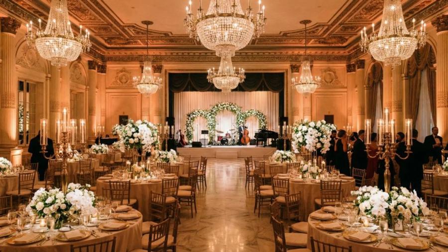 Ballroom set for a formal dinner under crystal chandeliers, with a floral arch over a band stage
