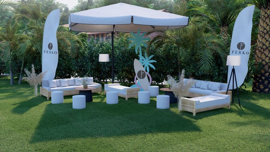Garden reception layout with shaded lounge seating by the sea — BACKSTAGE Event design visualisation for a coastal wedding setup