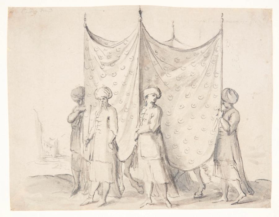 Old ink-and-wash drawing of four men in turbans holding a tall curtain on poles, with a horse's legs visible beneath it