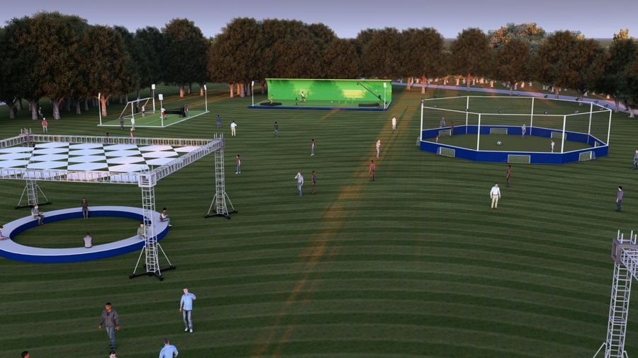 Wide green lawn with white pavilions and a stage — BACKSTAGE Event design visualisation for an outdoor event site (design image, not a photograph)