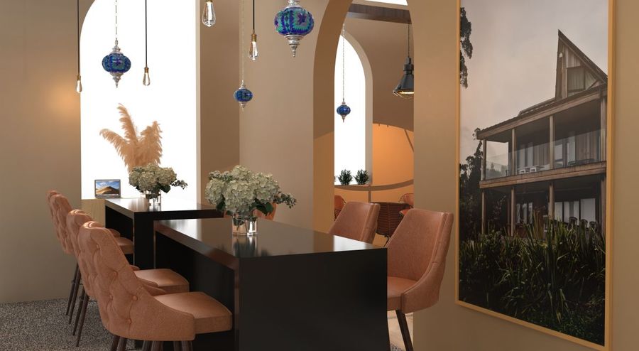 Interior dining space with Turkish lanterns and floral tablescape — BACKSTAGE Event design visualisation for a welcome-dinner setting