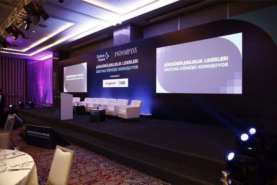Palco corporate con schermi LED e luci a teste mobili in stati viola — un esempio del light design condiviso tra produzioni da festival e aziendali, BACKSTAGE Event