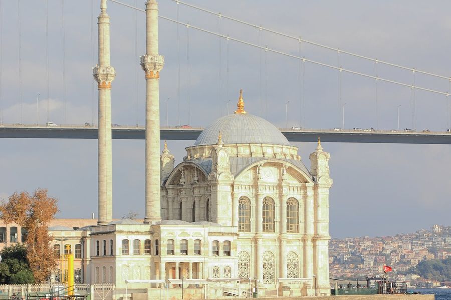 Ortaköy Mosque on the Bosphorus shore in Istanbul, with its two minarets and the Bosphorus Bridge behind