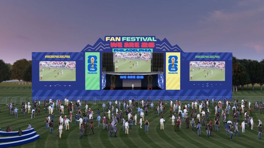 Open-air main stage with LED screens and a large evening crowd — BACKSTAGE Event design visualisation for a festival-scale celebration night
