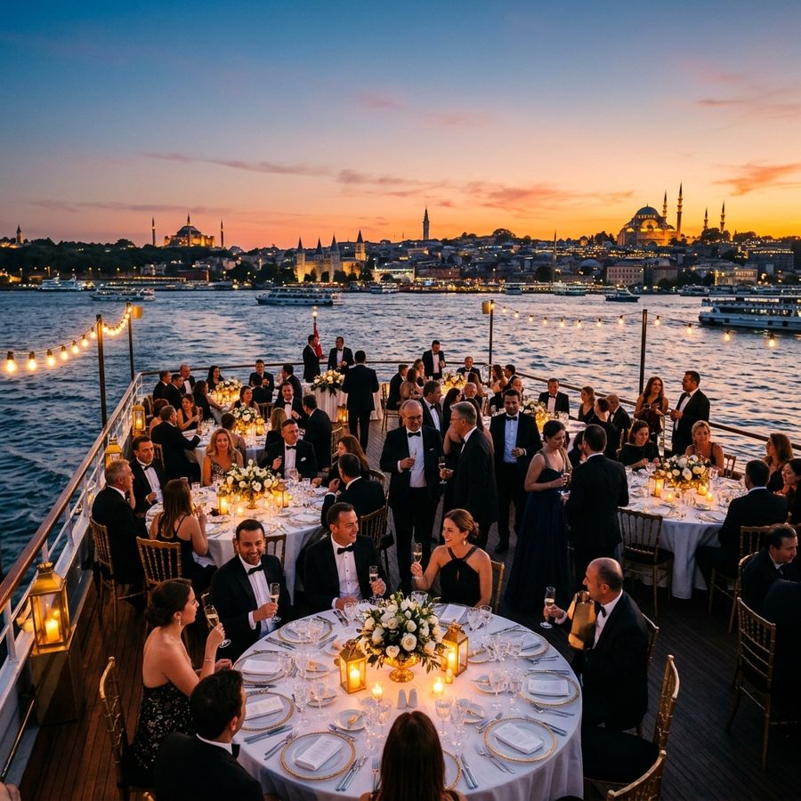 Evening reception on a boat deck on the Bosphorus with candlelit round tables and the Istanbul skyline at sunset