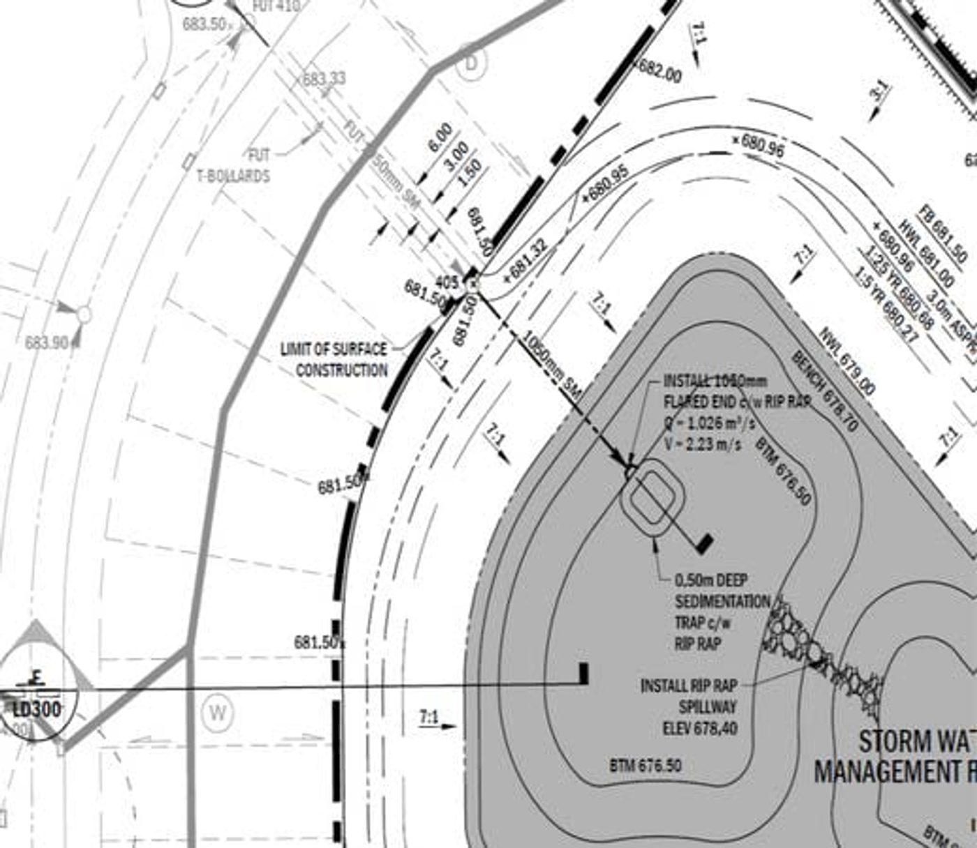 Engineering drawing of the Summerwood stormwater management facility showing the sedimentation trap and rip-rap spillway