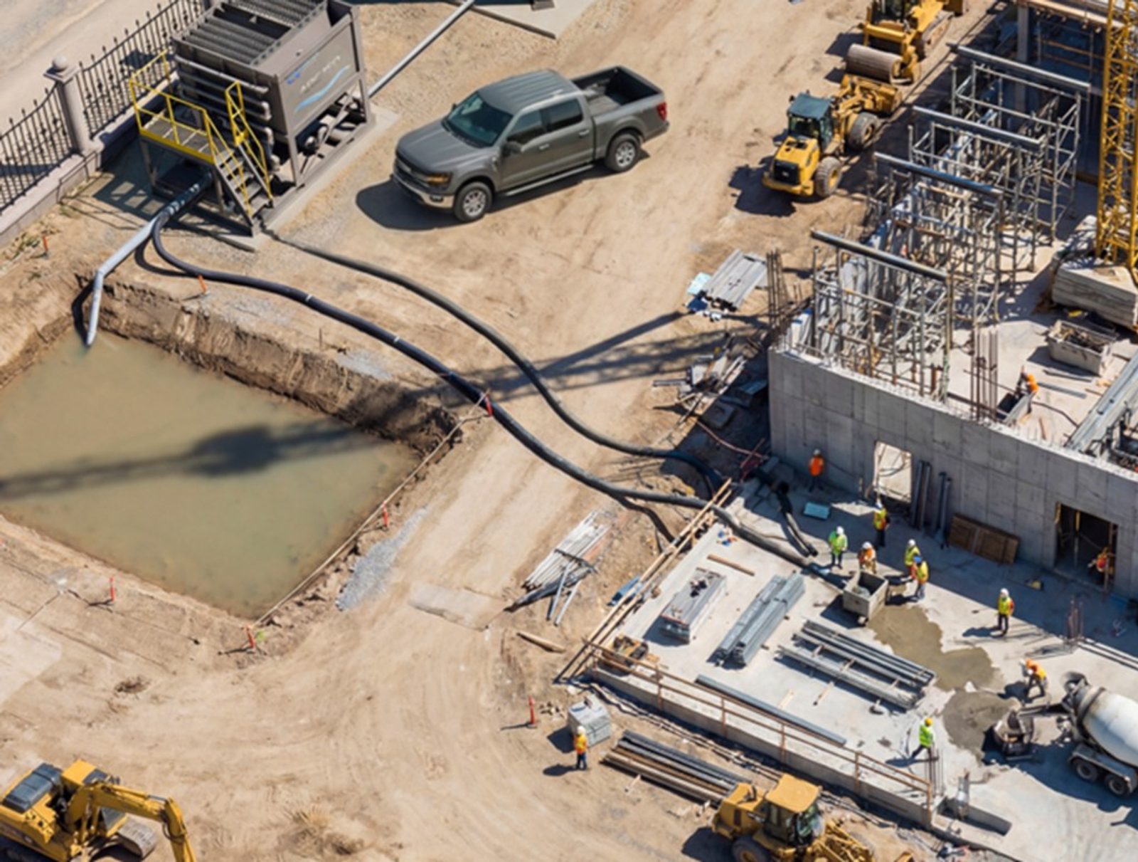 Aerial view of a Clearflow construction site with water treatment in progress