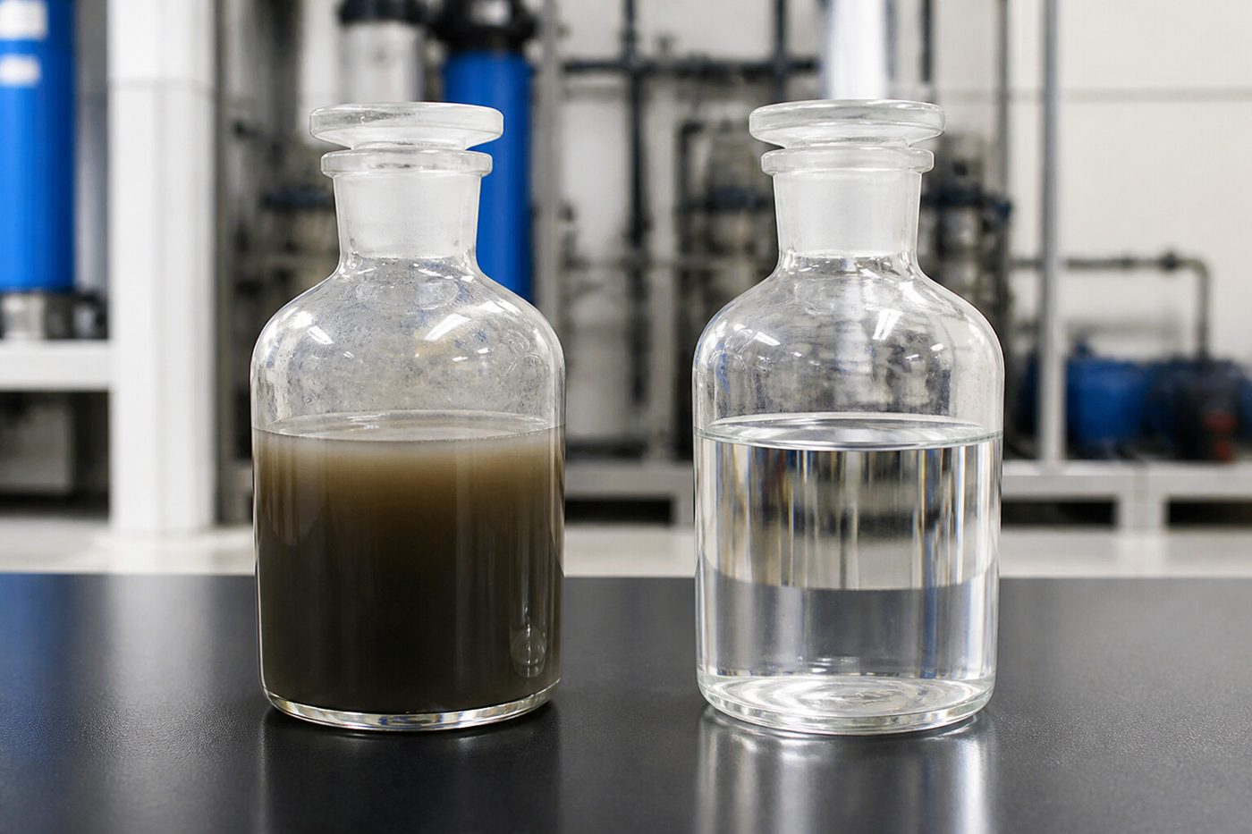 Clearflow field sample bottles showing water before and after treatment