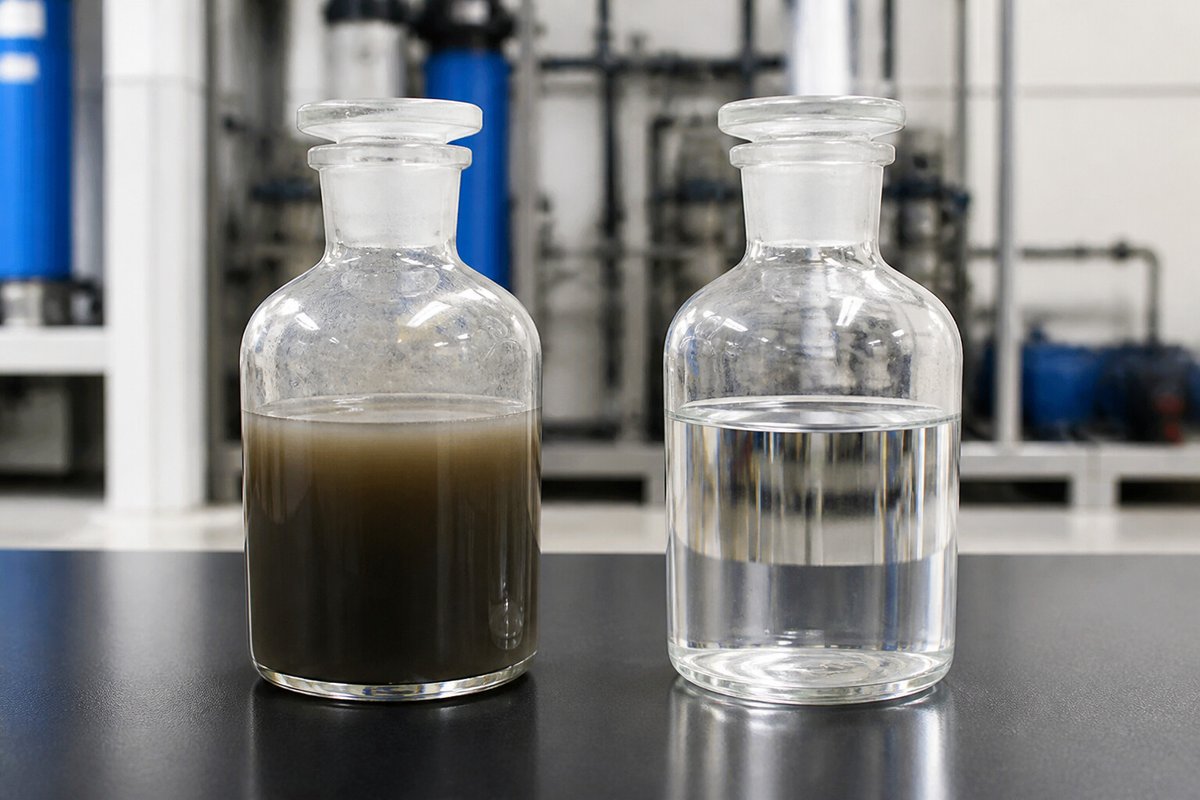 An untreated and a treated water sample side by side in the lab