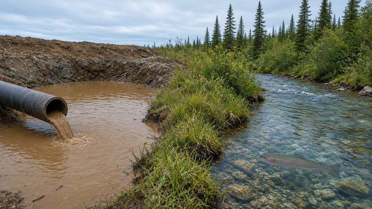 Muddy construction runoff in a settling pond beside a clear stream with a rainbow trout
