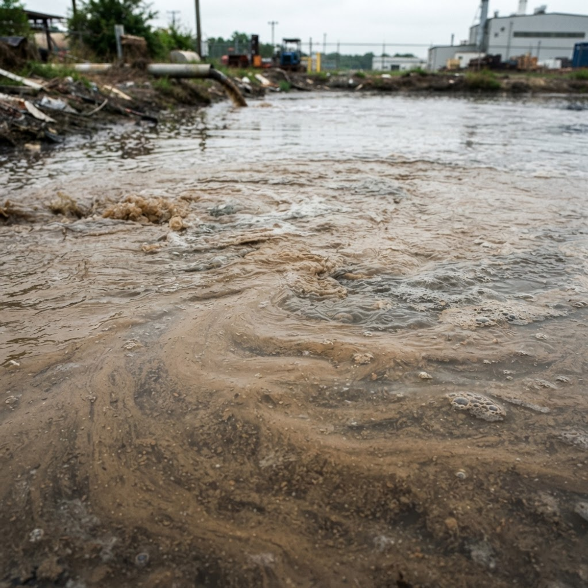 Turbid brown sediment-laden industrial runoff water in a settling pond