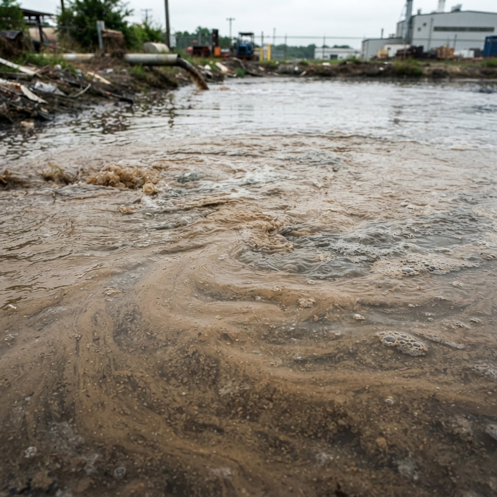 Turbid brown sediment-laden industrial runoff water in a settling pond