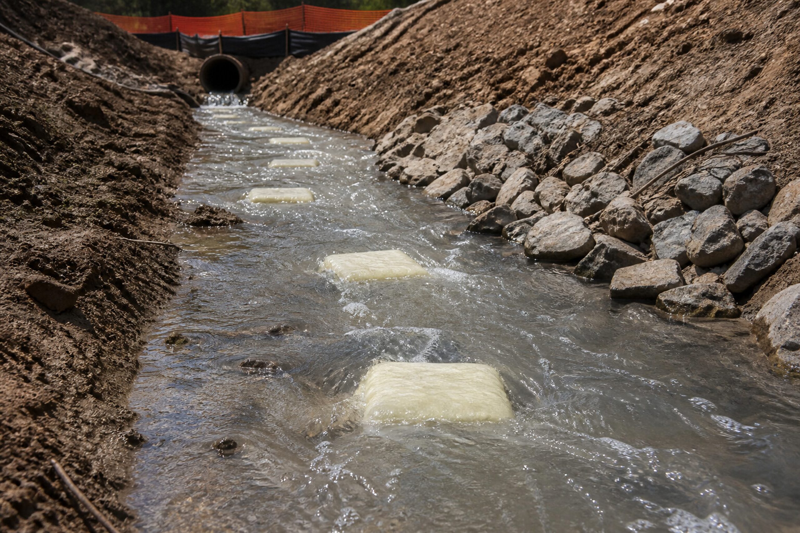 Gel flocculant blocks clarifying water in a ditch discharge stream