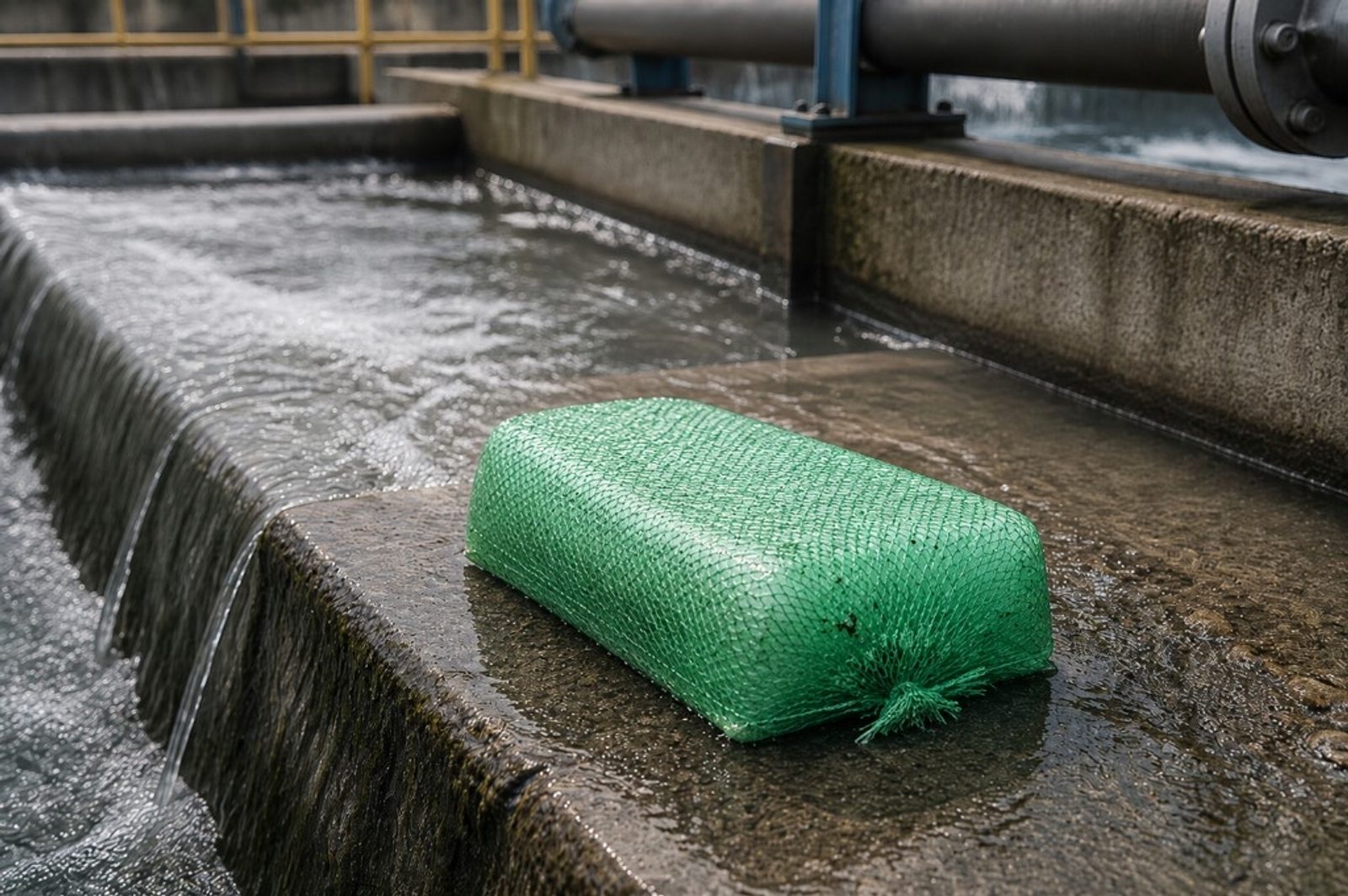 Clearflow 600 Series gel flocculant block in lime-green mesh at a treatment weir
