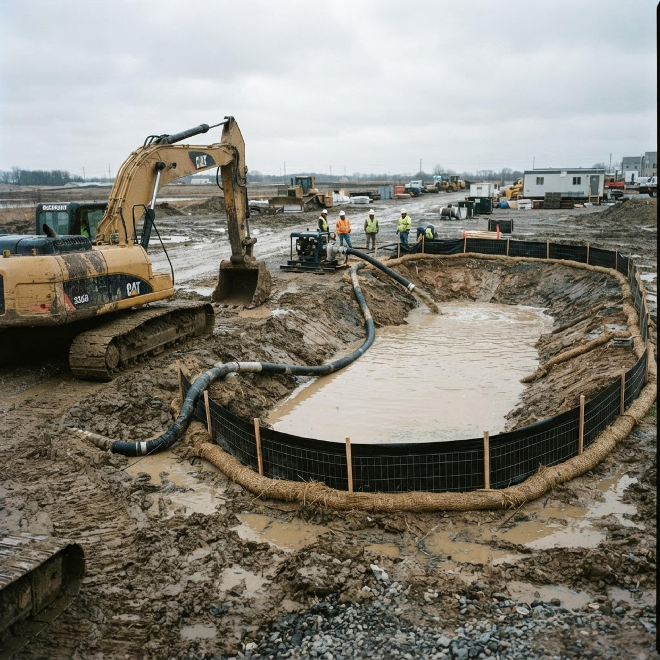 Excavator beside a sediment control basin on a muddy construction site