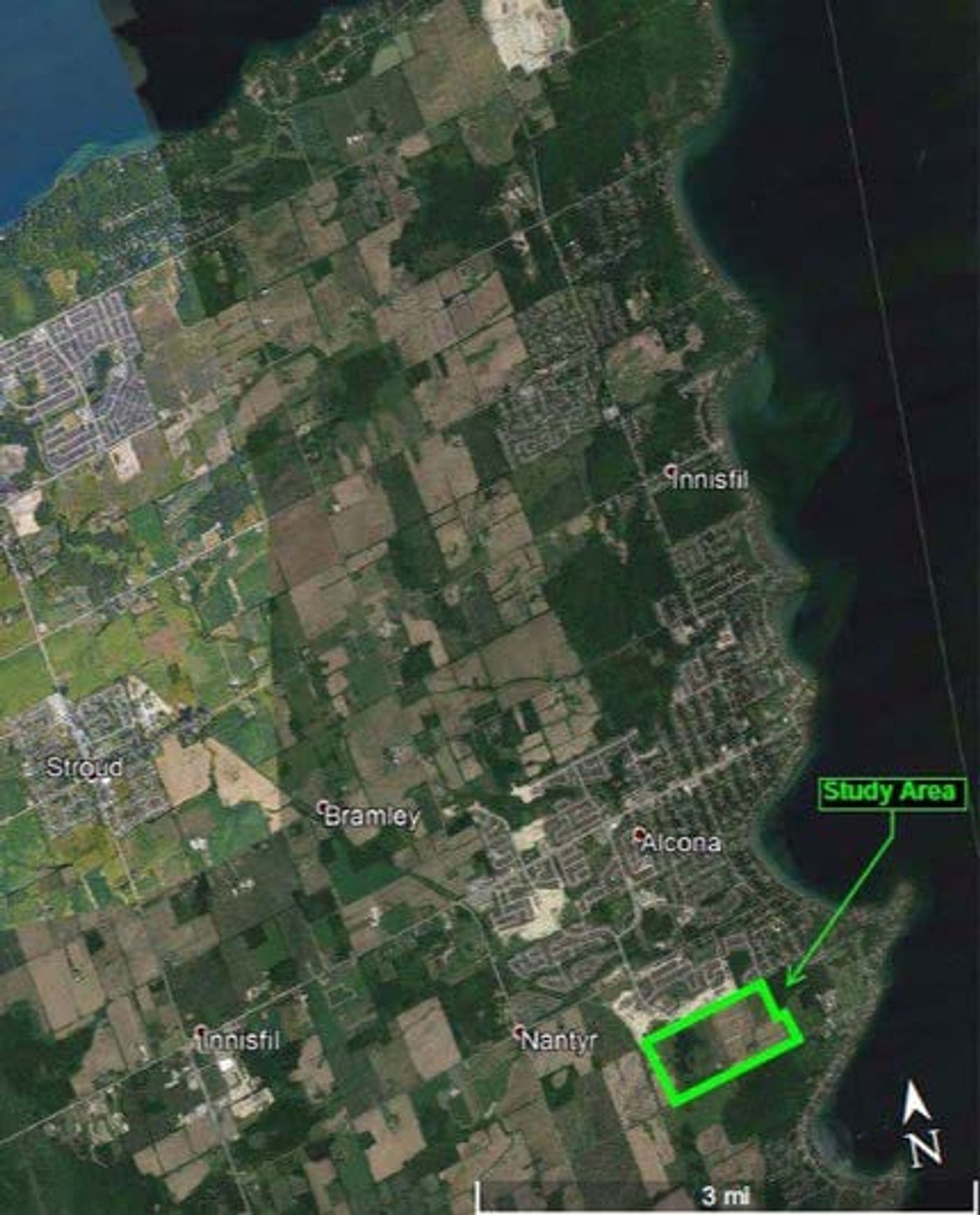 Satellite map of Innisfil, Ontario with the pilot study area outlined in green