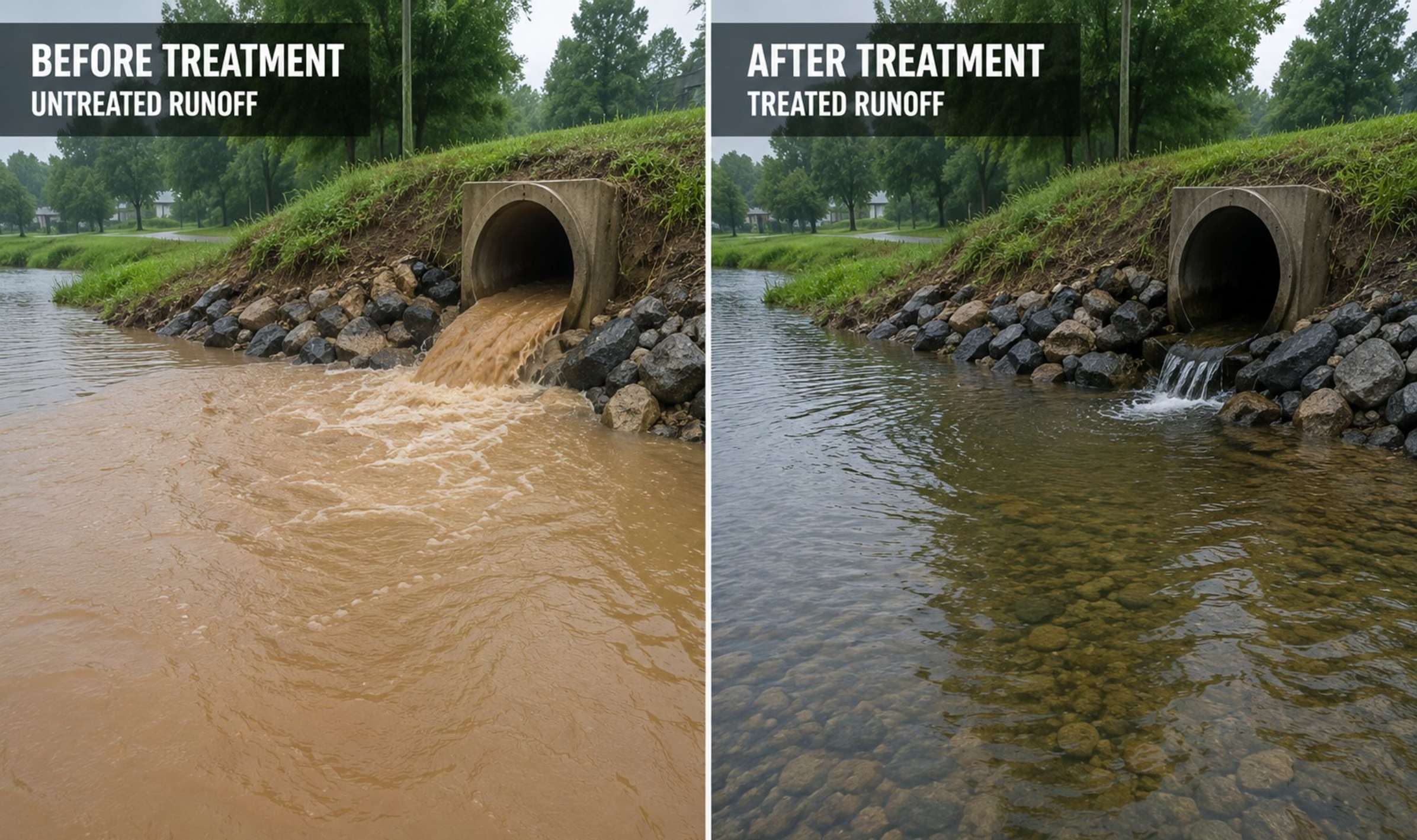 Side-by-side untreated and treated runoff showing solids capture for government and base facilities