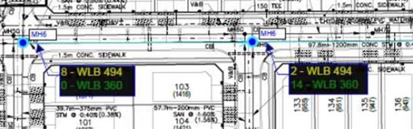 Engineering drawing showing WLB 494 and WLB 360 block placements at the storm-main manholes