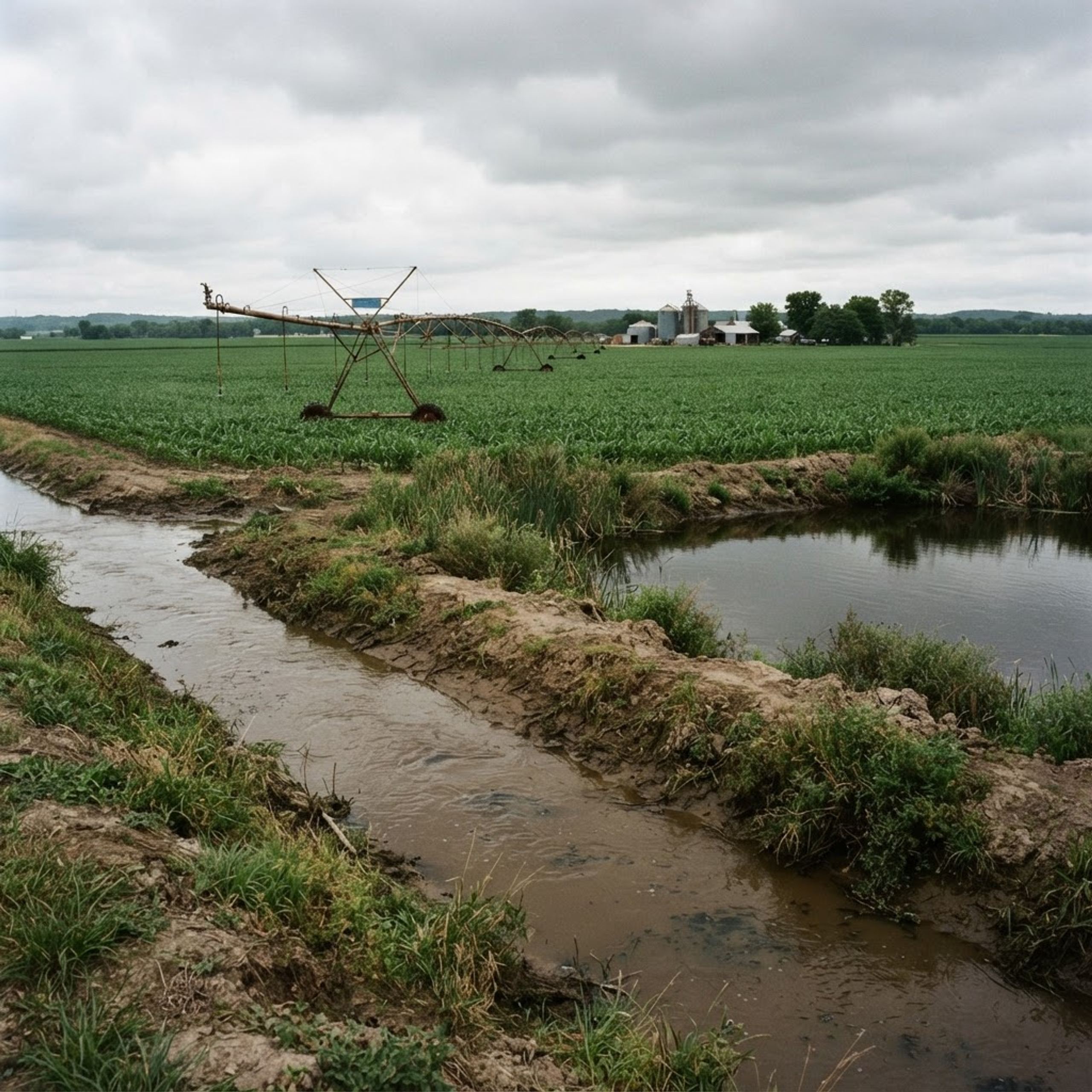 Irrigation canal and runoff containment pond beside a green crop field