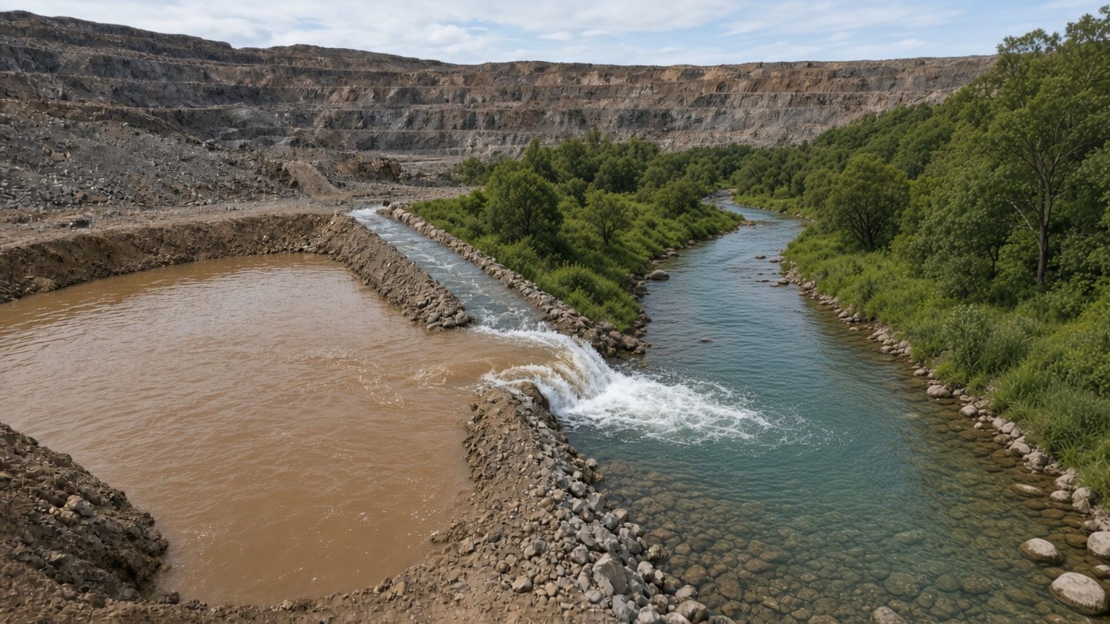 Mine sediment pond flowing through a treatment channel into a clear river
