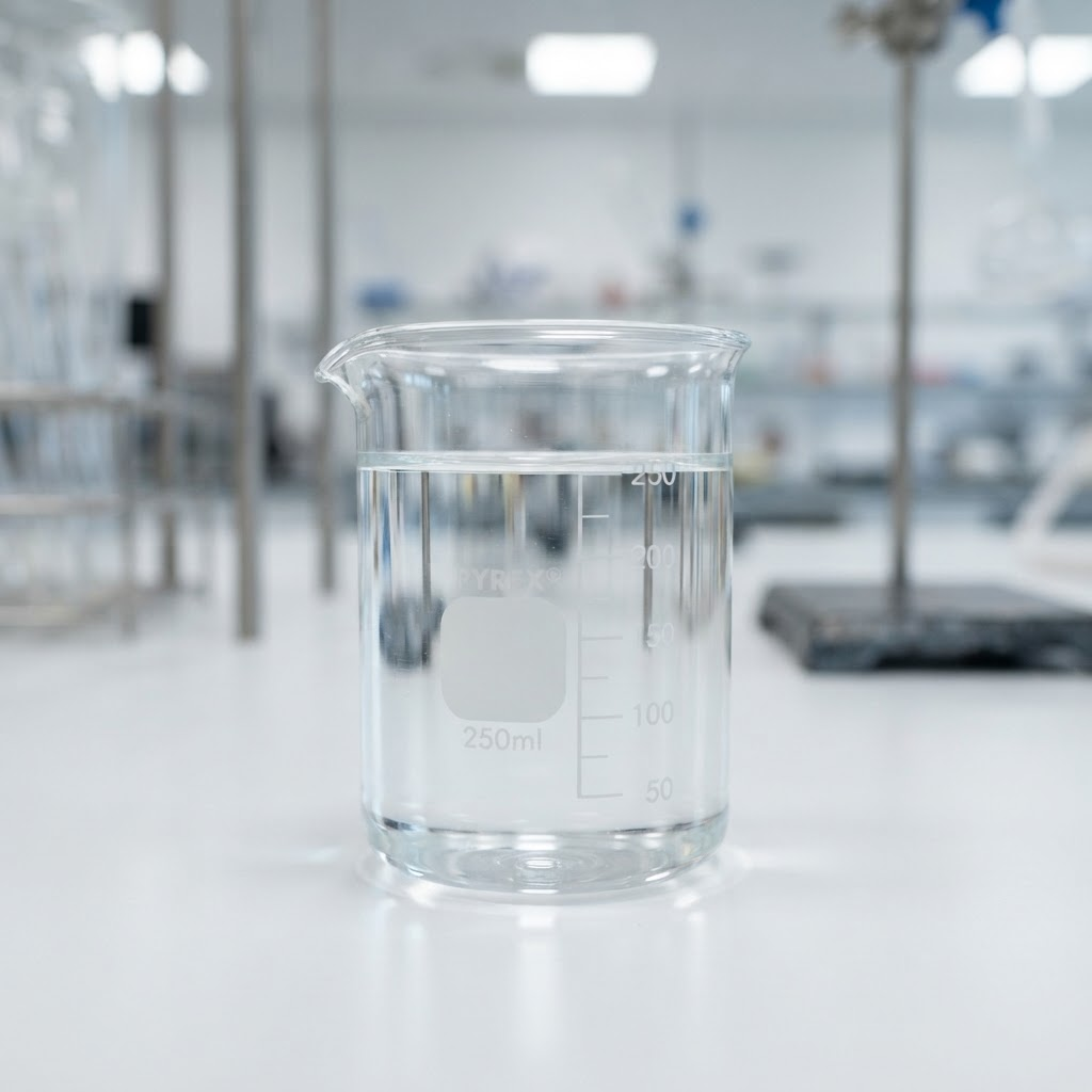 Beaker of perfectly clear treated water on a white laboratory surface
