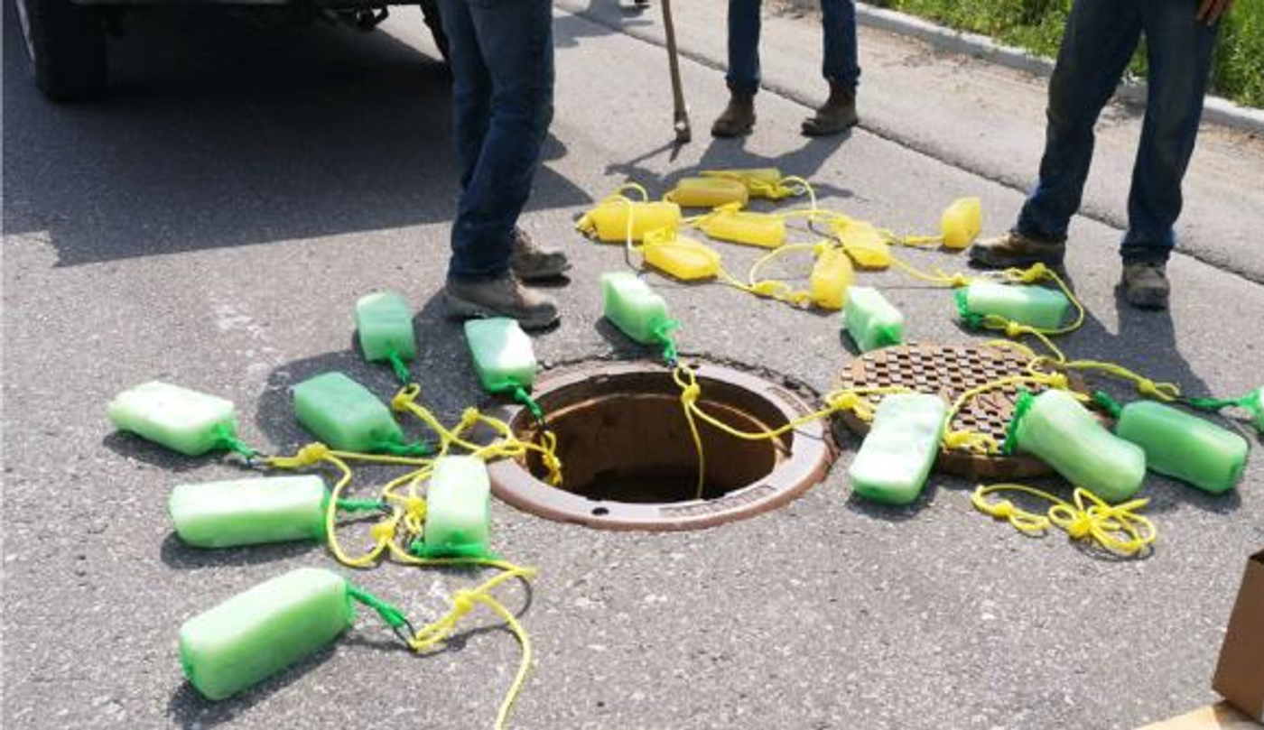 Gel flocculant blocks being lowered into a municipal stormwater manhole