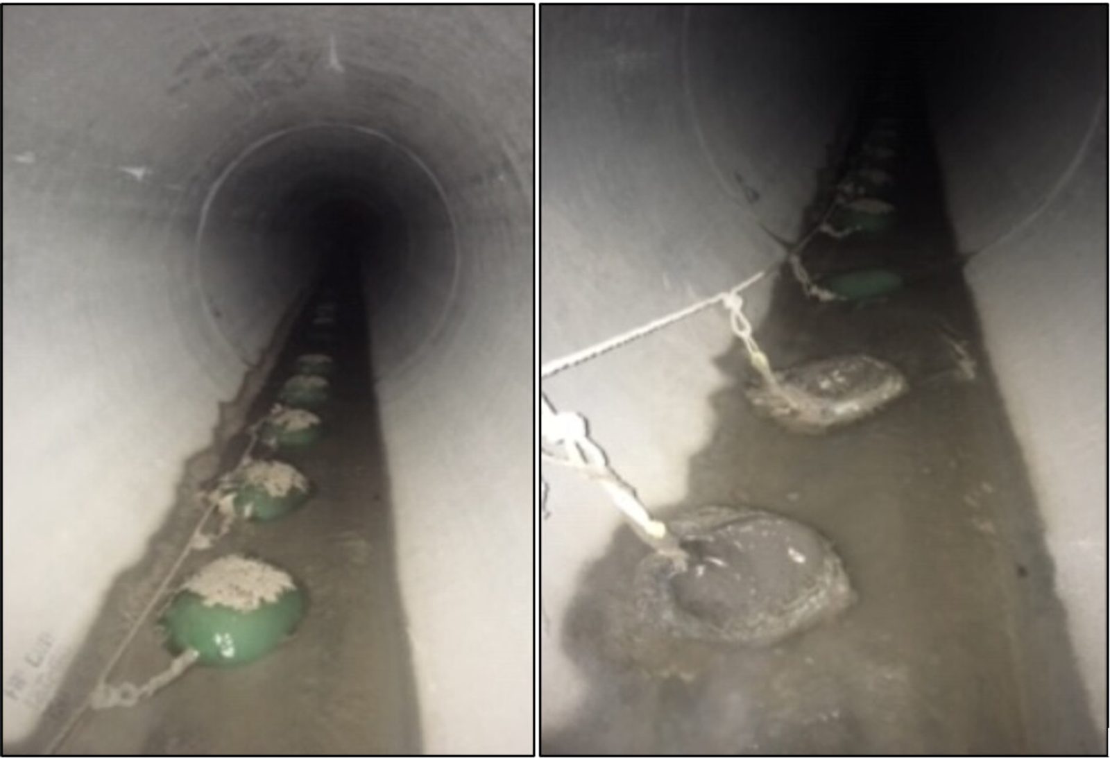 Gel Flocculant blocks installed in series inside a stormwater pipe
