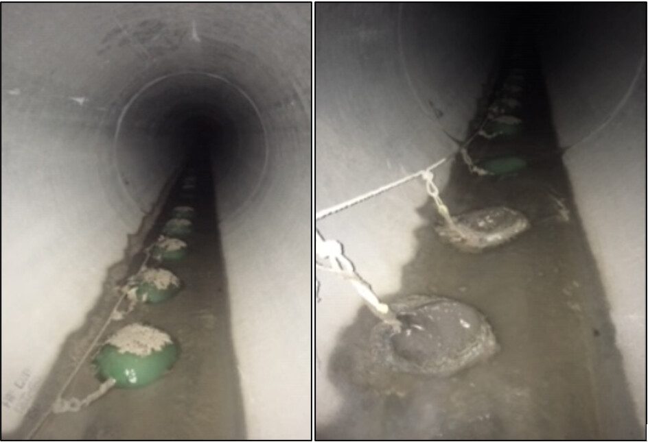 Gel Flocculant blocks installed in series inside a stormwater pipe