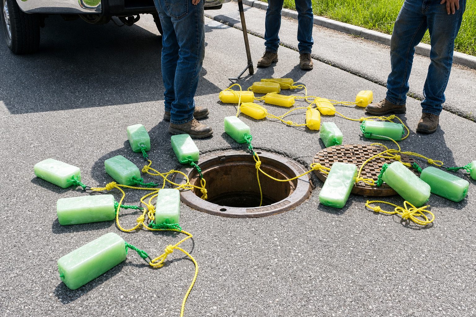 Aerial view of a municipal wastewater treatment plant with clarifier basins