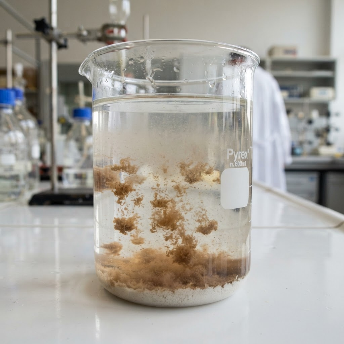 Macro photograph of suspended particles clumping into large floccules in a beaker
