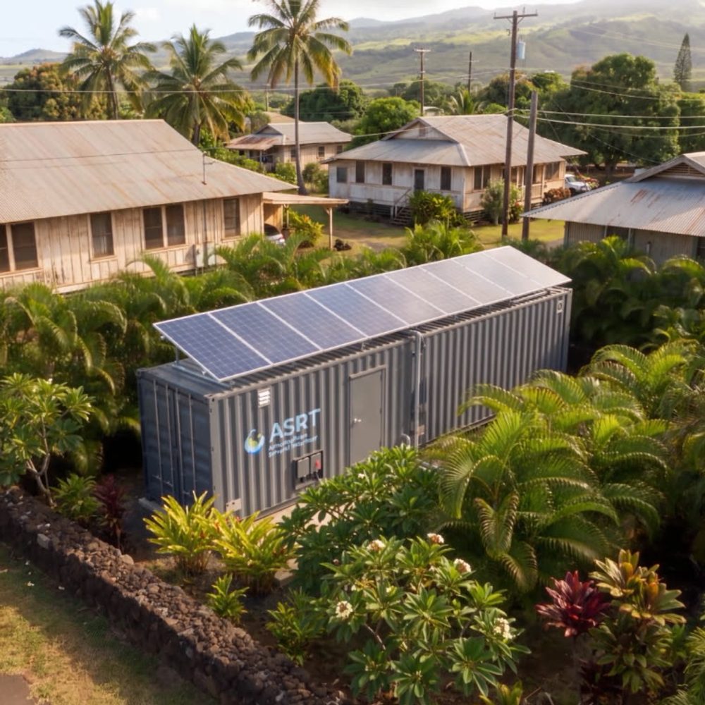 Solar-powered ASRT container treating water for a remote island community