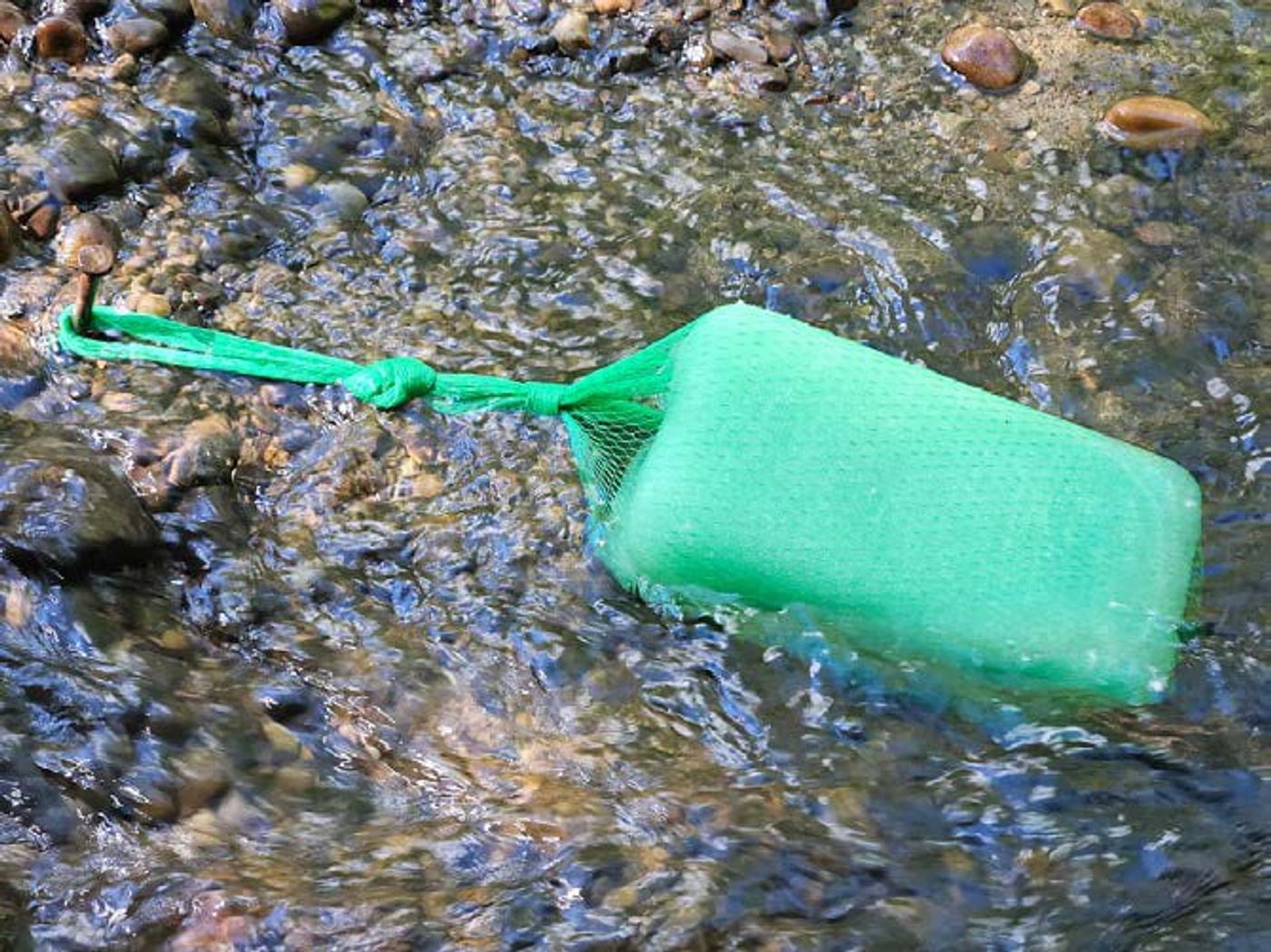 A green Gel Flocculant block anchored in a shallow creek flowing toward the stormwater pond