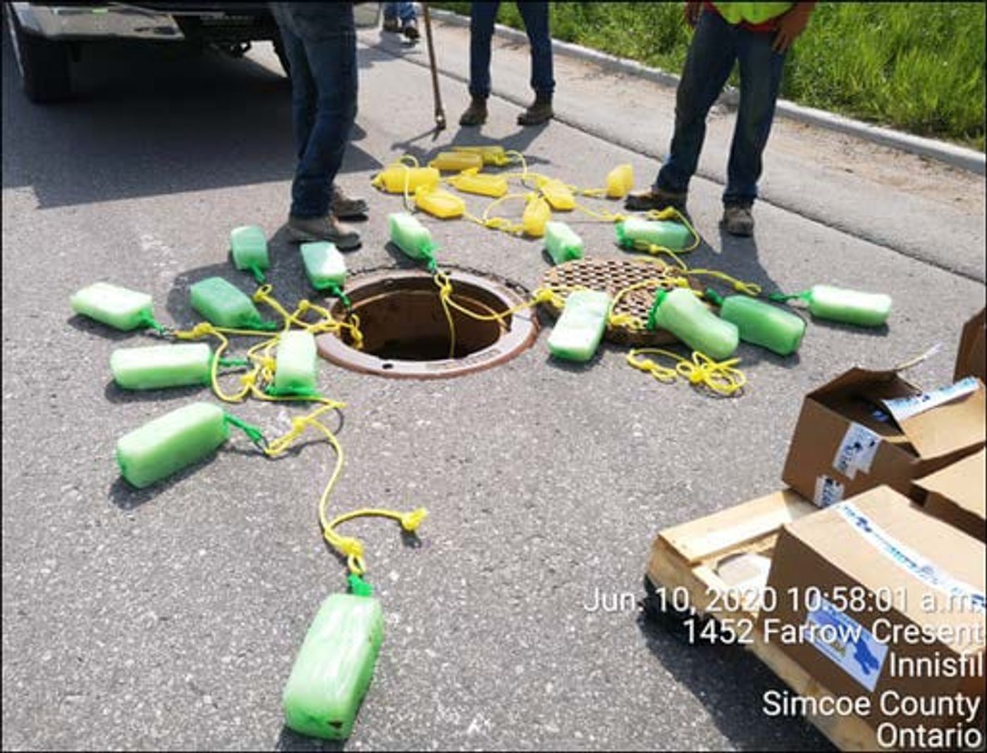 Crew laying out strings of Gel Floc blocks around an open manhole on Farrow Crescent, Innisfil