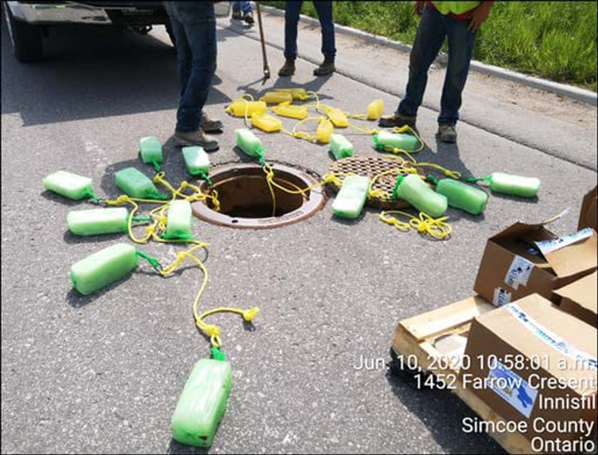 Gel flocculant blocks being installed at a storm manhole on Farrow Crescent, Innisfil