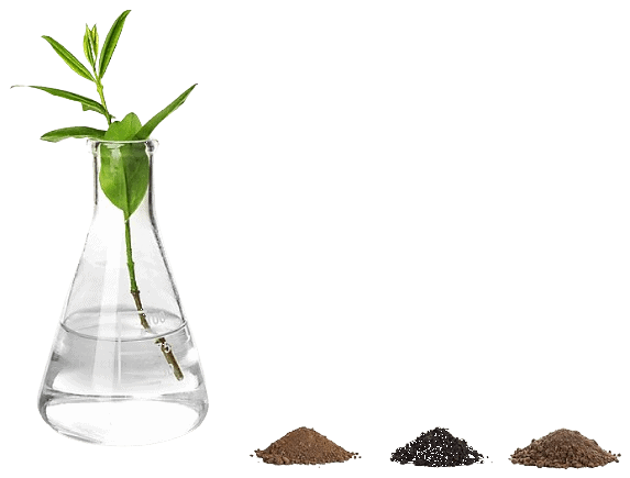 Clearflow lab flask with plant cutting beside Ultrabind granular samples