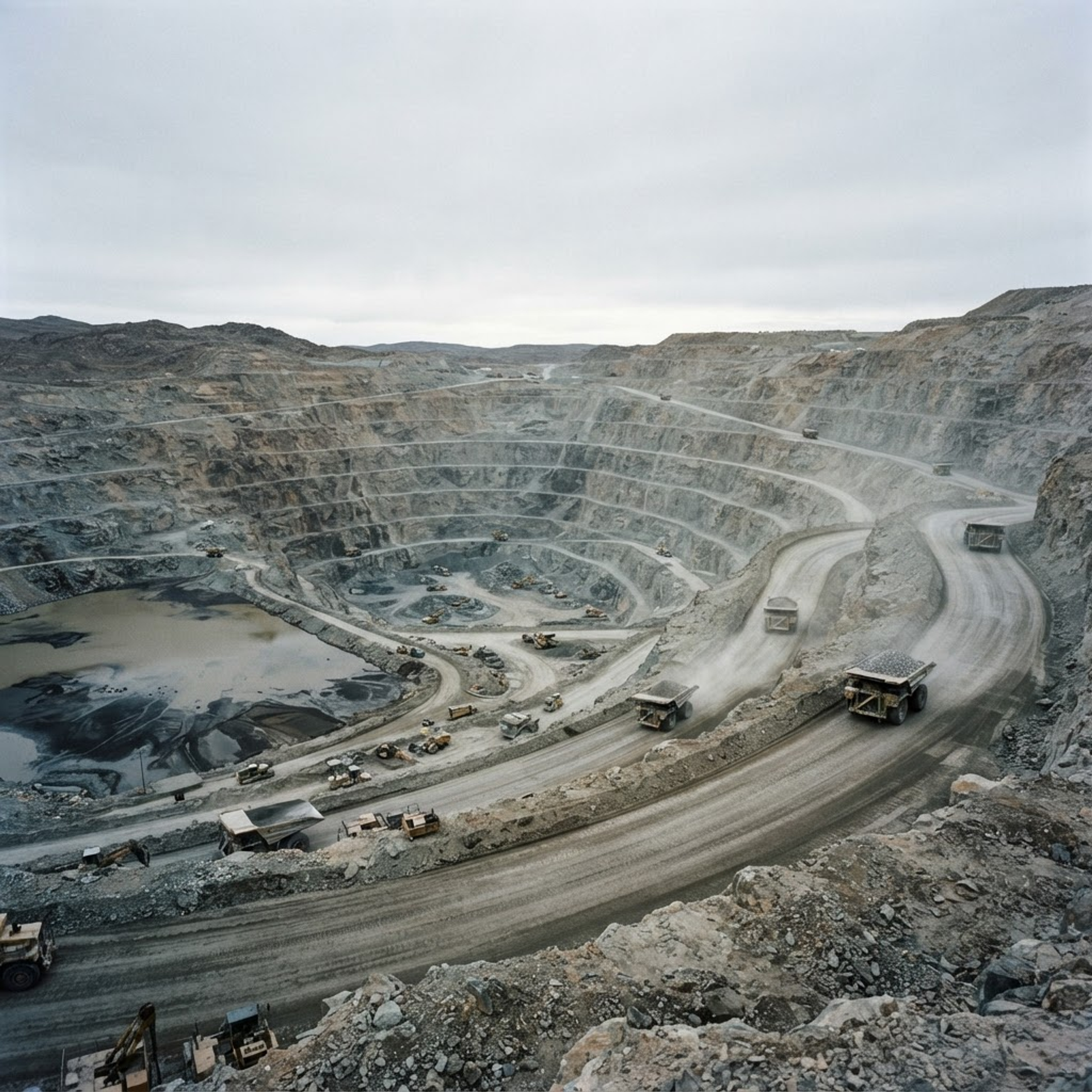 Open pit aggregate mine with haul trucks beside a tailings water pond
