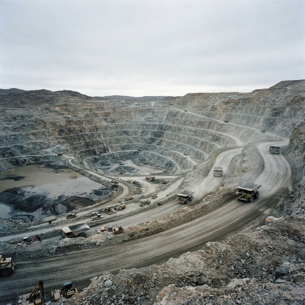 Open pit aggregate mine with haul trucks beside a tailings water pond