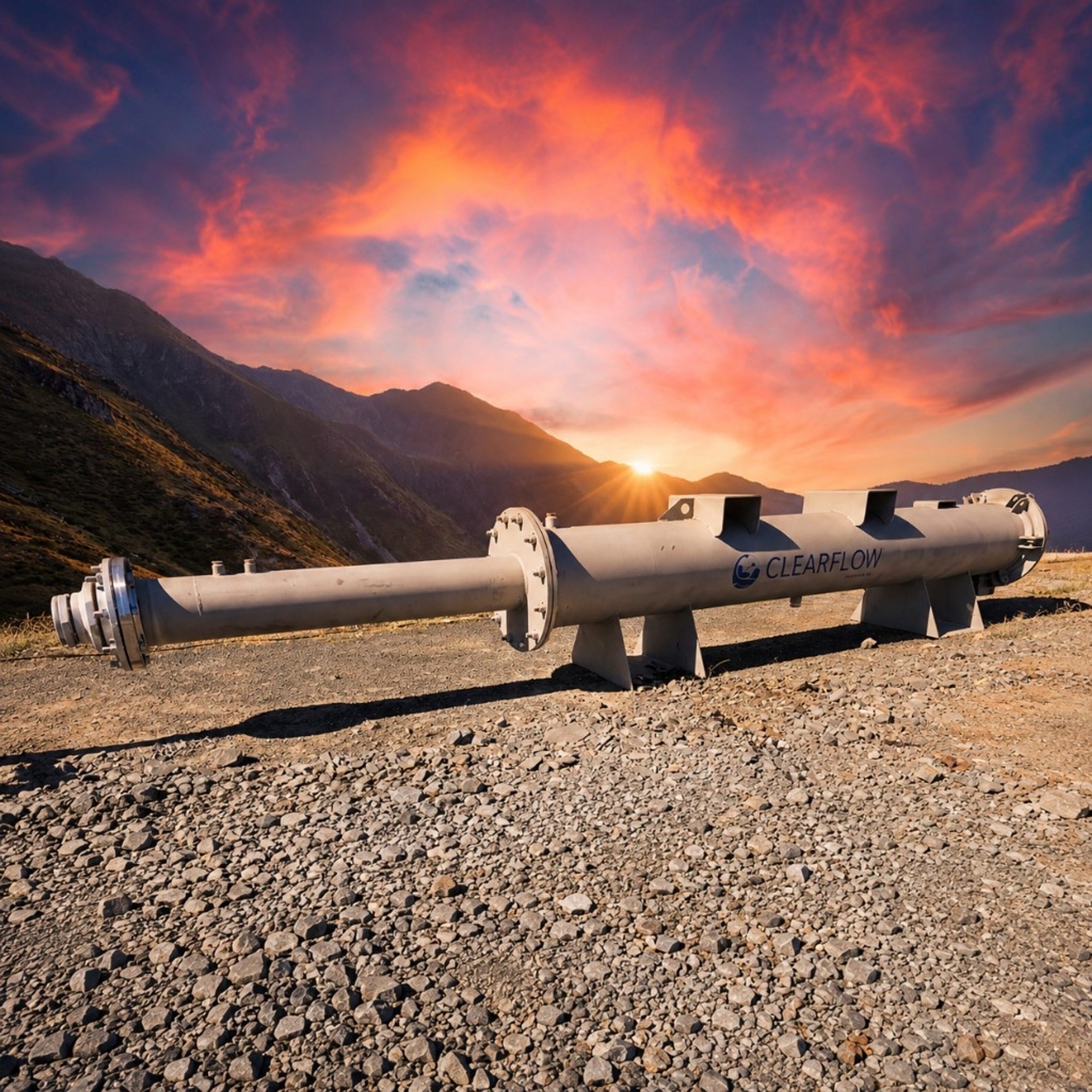 Clearflow GFR water treatment system on a gravel pad at sunset