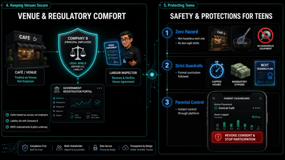 An inspector graphic or a dashboard preview showing parental controls, active NCVT curriculum tracking, and the venue agreement framework.