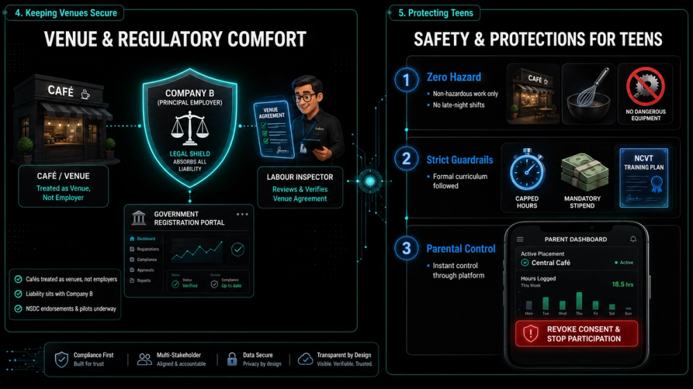 An inspector graphic or a dashboard preview showing parental controls, active NCVT curriculum tracking, and the venue agreement framework.