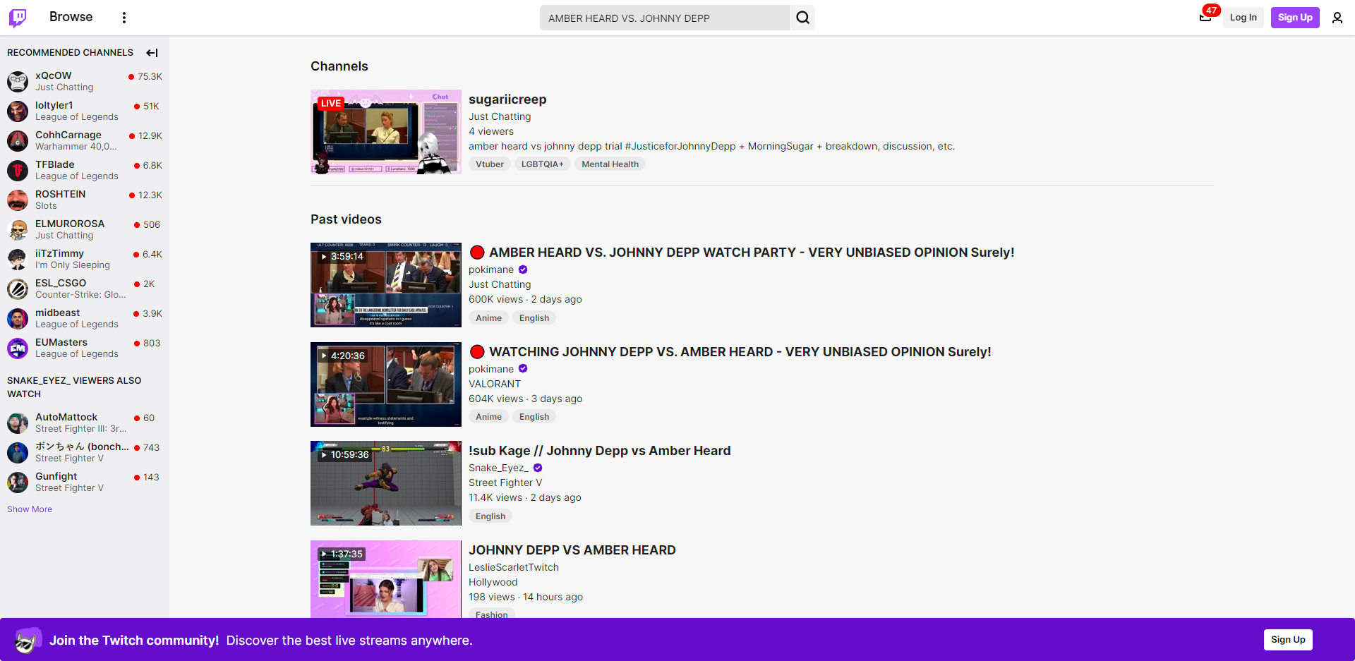 Search results for "AMBER HEARD VS. JOHNNY DEPP" on Twitch. Source: twitch.tv. A screenshot by To The Moon