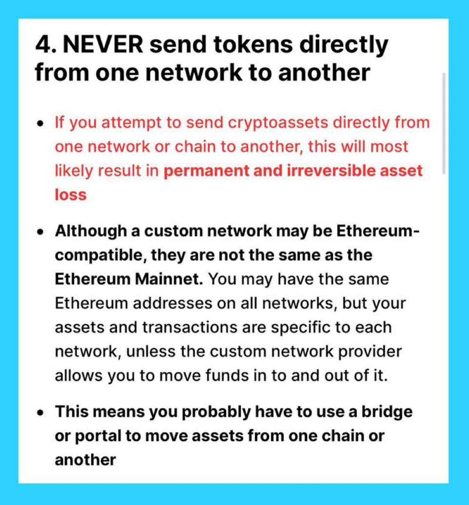 Metamask disclaimer about direct transfer between different networks. Source: metamask.io. A screenshot by To the Moon Metamask.