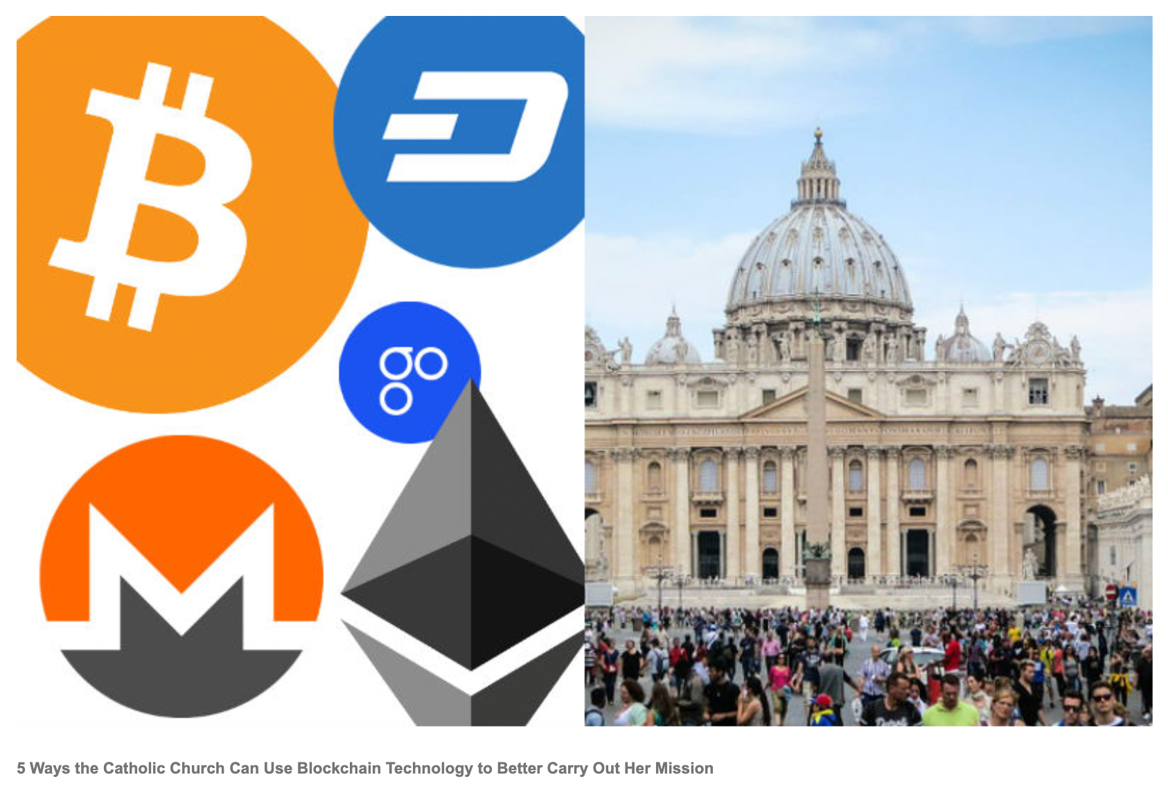 An image accompanying the text '5 Ways the Catholic Church Can Use Blockchain Technology to Better Carry Out Her Mission' on catholicblockchain.org. A screenshot by To The Moon