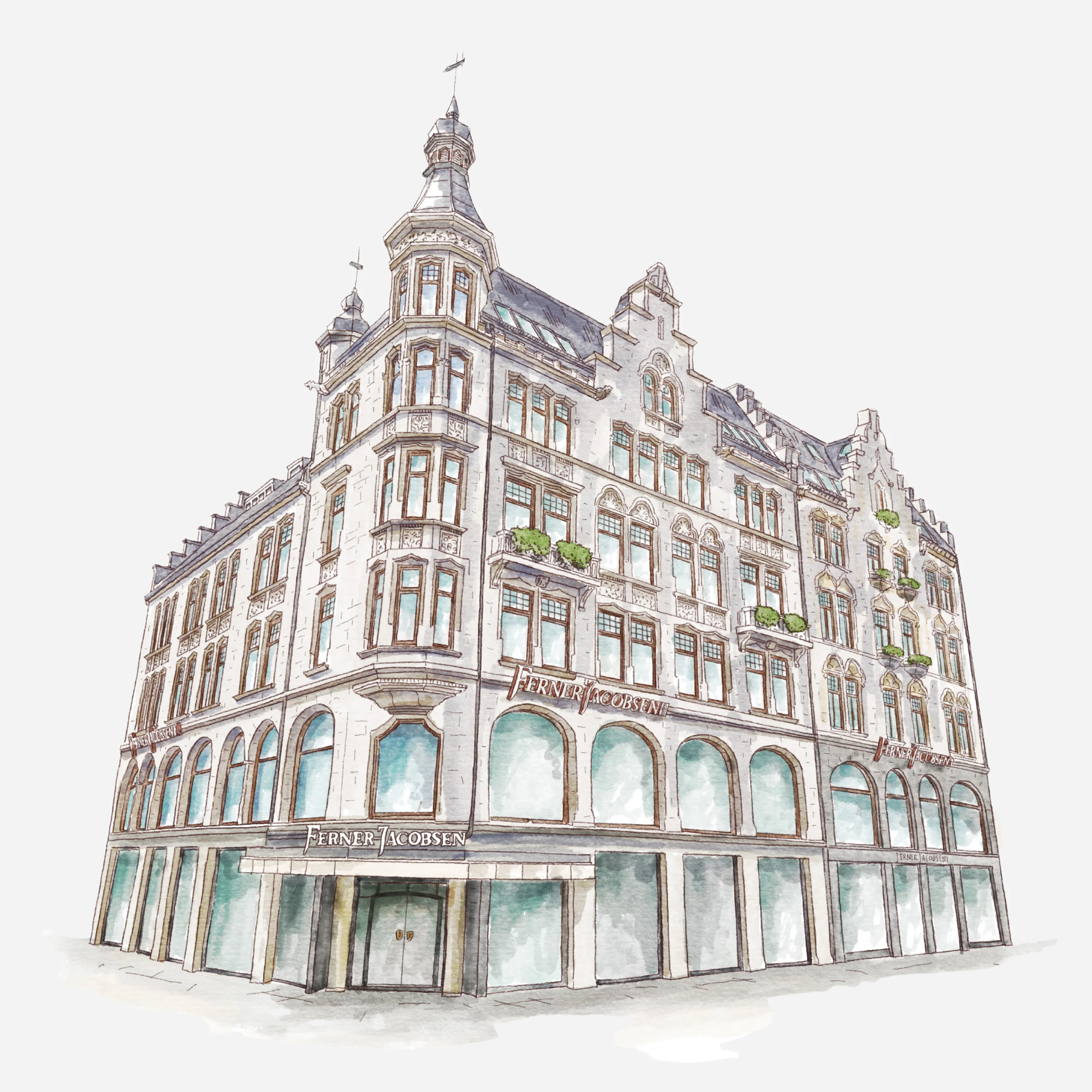 Et hjørnebygg i klassisk europeisk stil med tårn og dekorative fasadedetaljer, sett i skumringen. I første etasje ligger butikken Ferner Jacobsen med store vinduer som viser klær og utstillingsdukker.