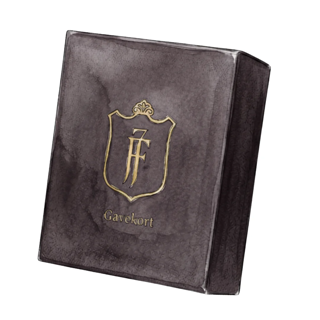 Sort gaveeske med gulltrykk fra Ferner Jacobsen, merket med logo og teksten