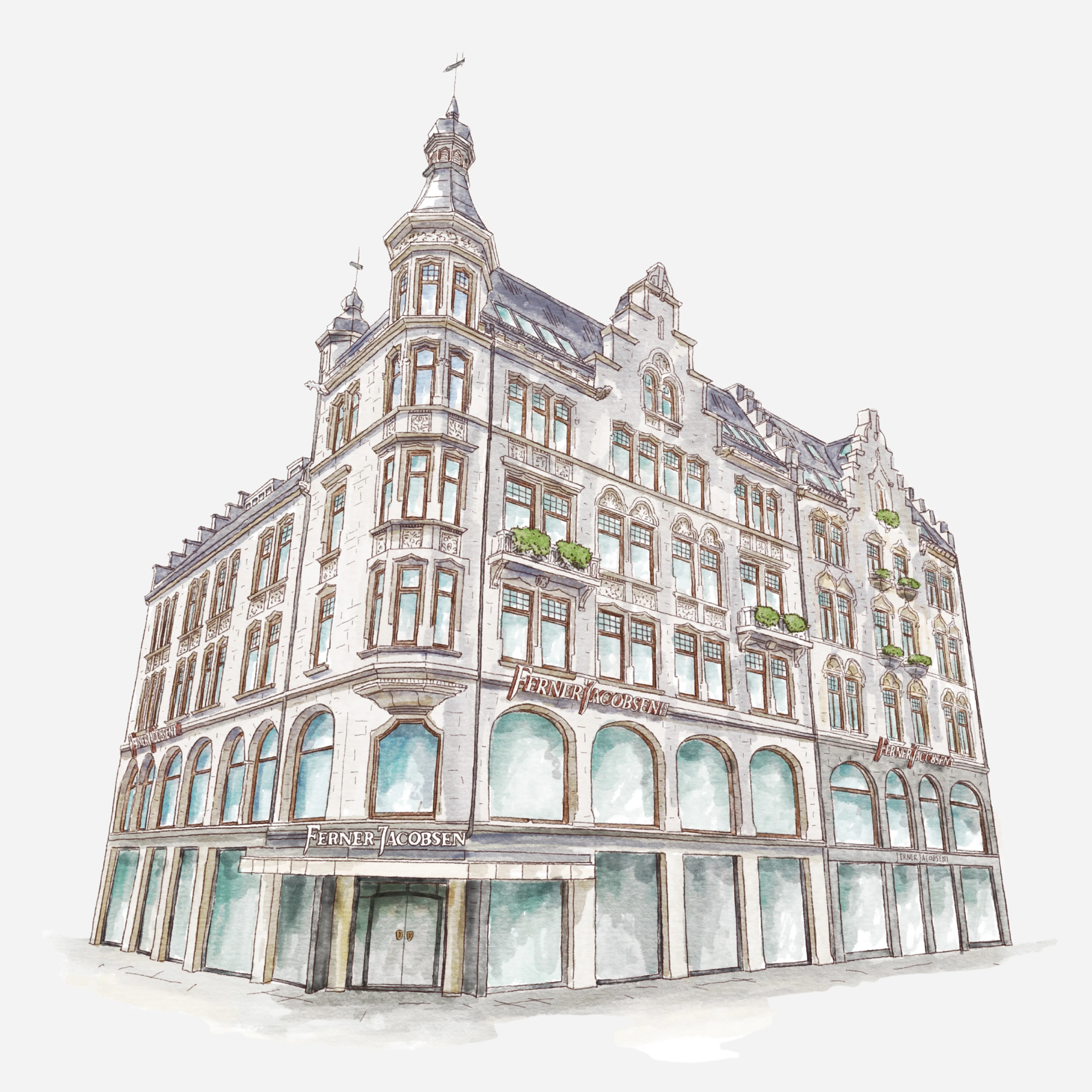 Et hjørnebygg i klassisk europeisk stil med tårn og dekorative fasadedetaljer, sett i skumringen. I første etasje ligger butikken Ferner Jacobsen med store vinduer som viser klær og utstillingsdukker.