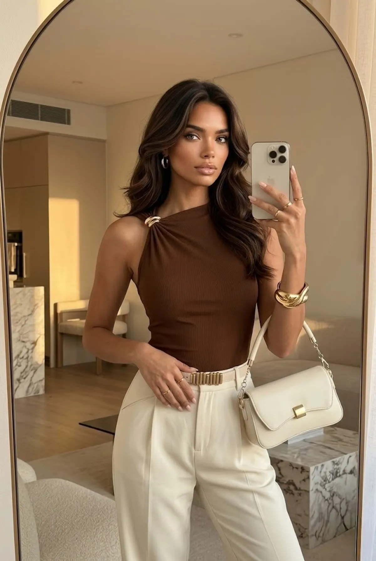 Rich girl inspired outfit with a chocolate brown asymmetrical sleeveless top, cream trousers, gold accessories, and a white shoulder bag in warm lighting.